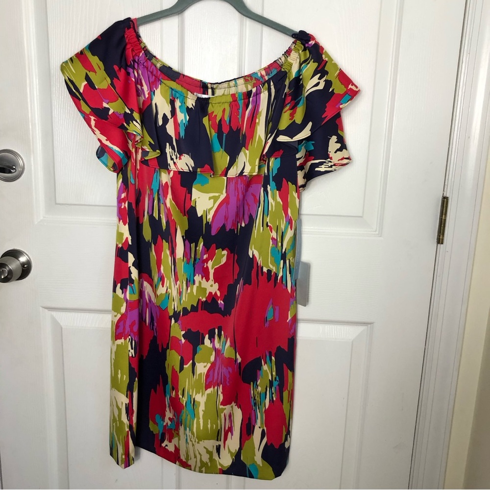 NEW NWT London Times colorful multi-color straight ruffle dress Size 10
